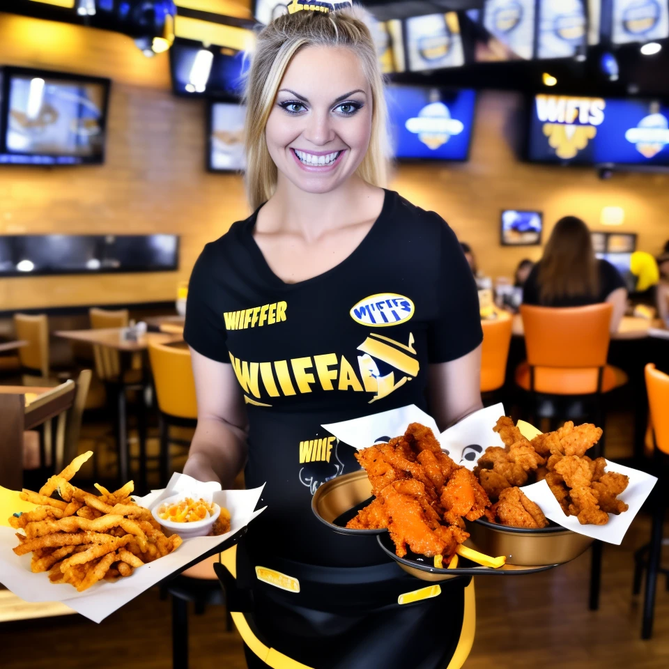 a waitress holding a tray of food in Buffalo Wild Wings restaurant,<lora:waitress:1>,