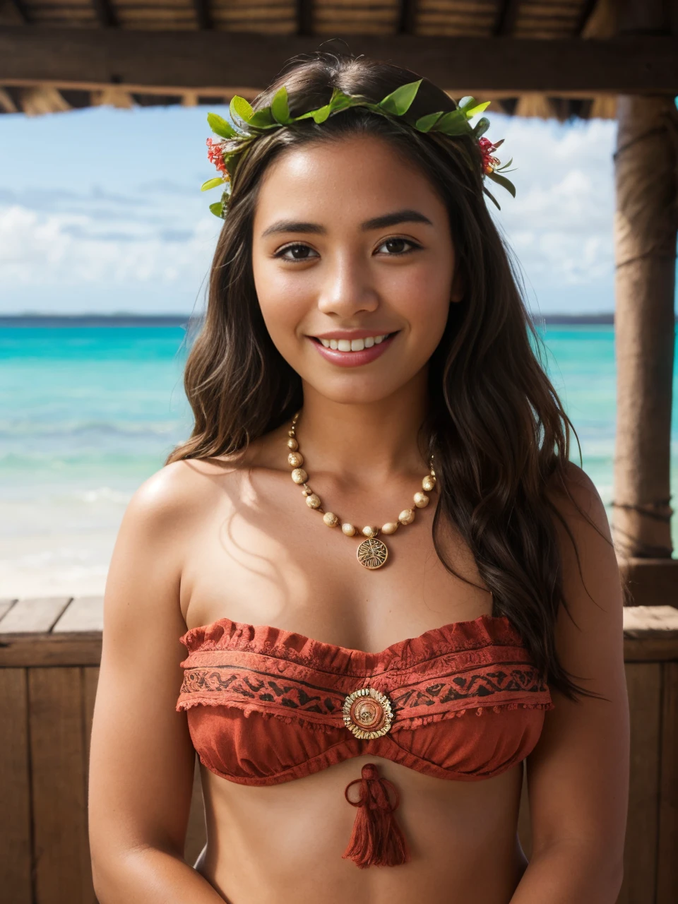 photograph of woman, moana-real, 1girl, happy, in her house, necklace,head wreath, <lora:moana-real-v1.0-000002:1>