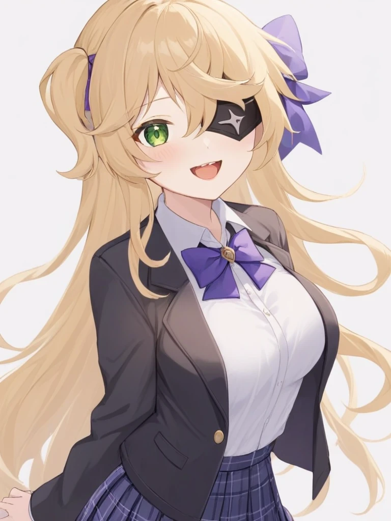 <lora:è²è°¢å°:1>ï¼1girl, fischl_\(genshin_impact\), green_eyes, eyepatch, skirt, solo, blonde_hair, shirt, plaid_skirt, bow, plaid, two_side_up, white_shirt, open_mouth, bowtie, long_hair, purple_bow, smile, jacket, purple_skirt, school_uniform, looking_at_viewer, purple_bowtie, hair_ribbon, bangs, ribbon, pleated_skirt, collared_shirt, breasts, teeth, black_jacket, white_background, upper_teeth_only, alternate_costume, hair_over_one_eye, :d, simple_background, long_sleeves, open_clothes, shirt_tucked_in