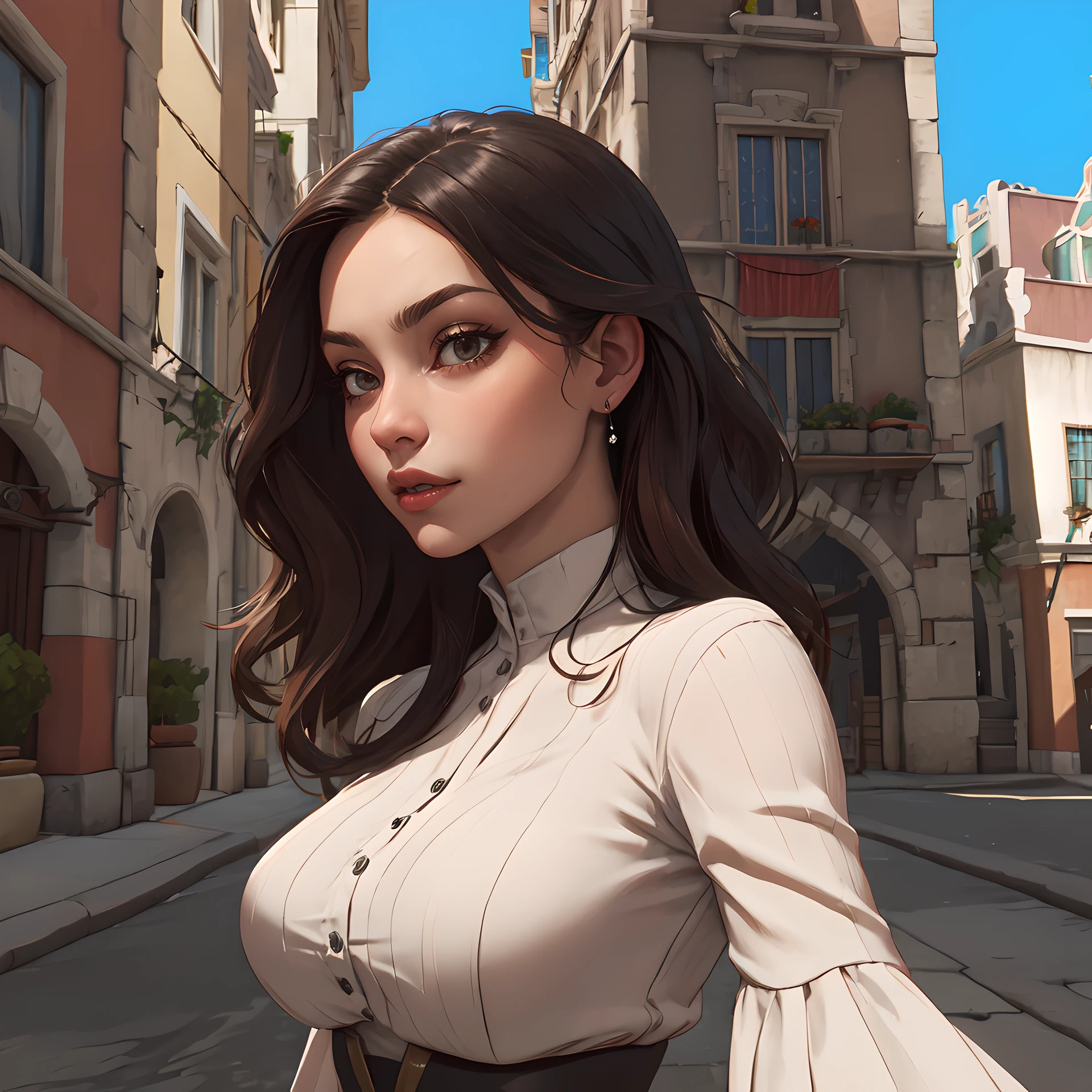 (masterpiece:1.2, best quality:1.2, high resolution), <lora:Beauclair:0.9> beauclair, city, background, 1girl, model pose, fantasy clothes, (detailed face:1.2), high-waist,