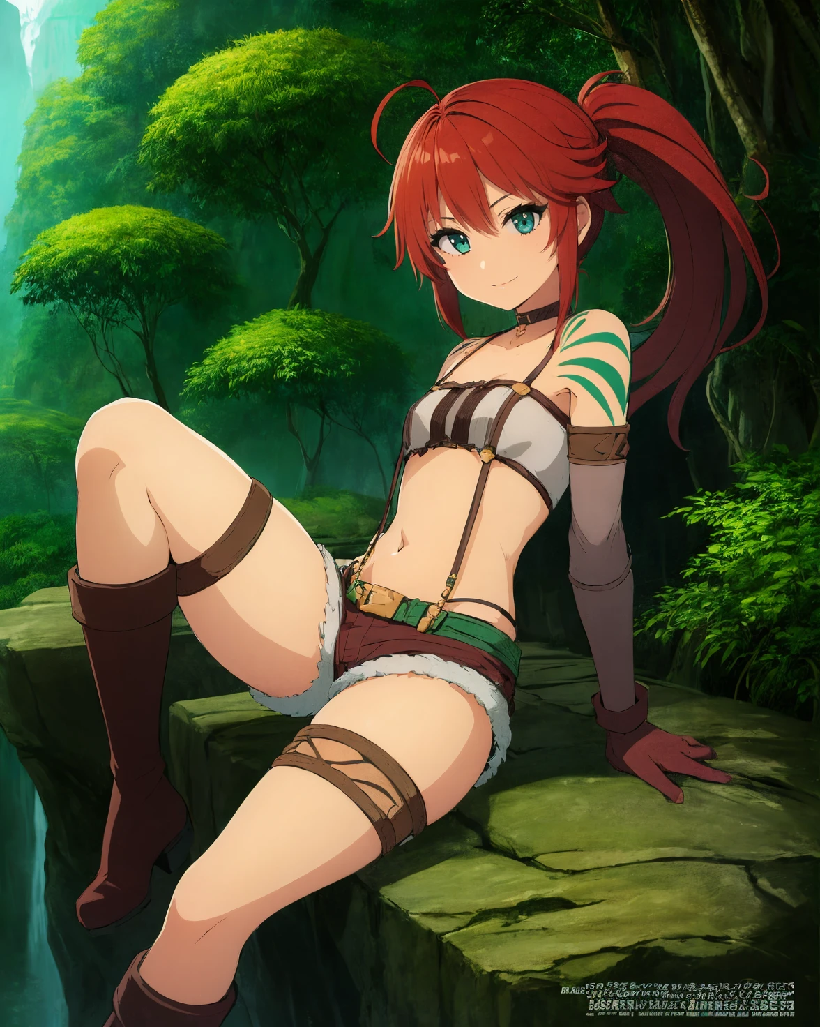 (best quality, masterpiece:1.2), illustration, absurdres, <lora:animemix_16:0.7>, <lora:clearcolor_v1.7_lbw:0.4>, <lora:boldline:-1>,
(1girl, solo, beautiful detailed girl), cowboy shot,,
<lora:ShirleyAzure:1>, Shirley Orlando, red hair, ahoge, ponytail, aqua eyes, small breasts, green tattoo,
bandeau, choker, suspenders, short shorts, belt, gloves, thigh strap, boots, red footwear,
looking at viewer, proud, confident, smile,
in a jungle, tropical jungle,
sitting, spread legs,