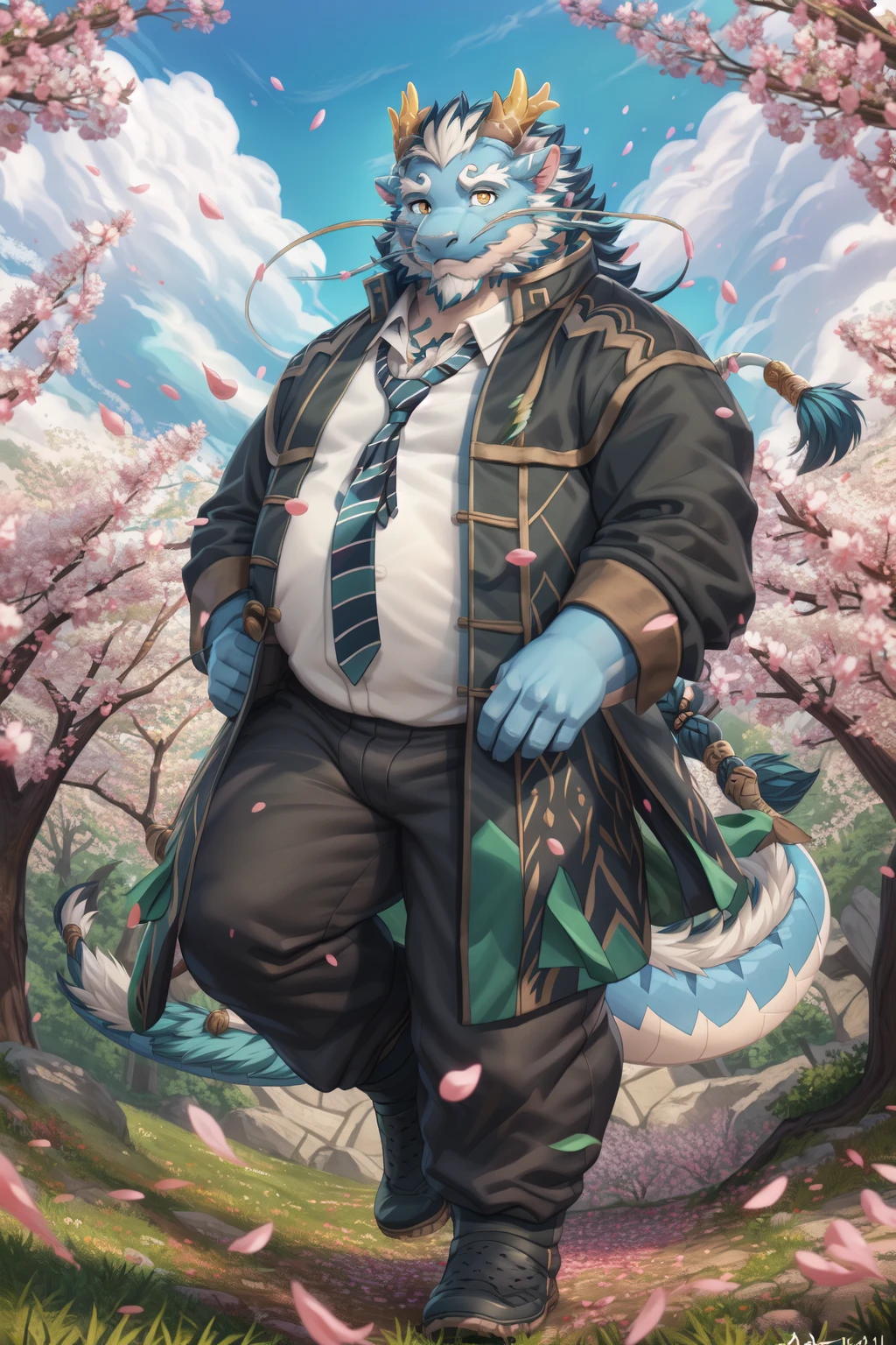 <lora:qinglong-09:1>, qinglongtas, musclegut, orange eyes, blue fur, (pose:1.3), (posing:1.3), (soft shading), 4k, hi res, ((detailed face, (detailed eyes:1.0), detailed)), (full body), by zackarry911, by zaush, (by personalami:0.5), long hair, looking at viewer, shirt, 1boy, male focus, thighs, cowboy shot, necktie, pants, coat, petals, thick thighs, formal, cherry blossoms, wind, bulge, falling petals, whiskers, tail,