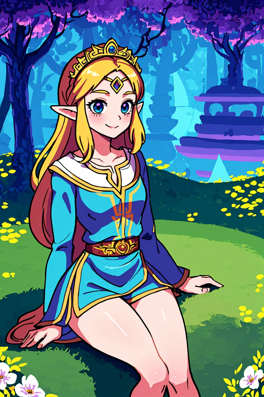 masterpiece, ultra-detailed, best quality, illustration, 8k cg wallpaper, an extremely delicate and beautiful, 1girl, Princess Zelda /(The Legend of Zelda/), solo, perfect anatomy, smiling, blushing, perfect arms, perfect hands, perfect fingers, perfect legs, cute, pretty, beautiful, sexy, perfect body, (background: flowery field, grass, trees, flowers, ruins, intricately detailed items in background), <lora:Hohokum:1>