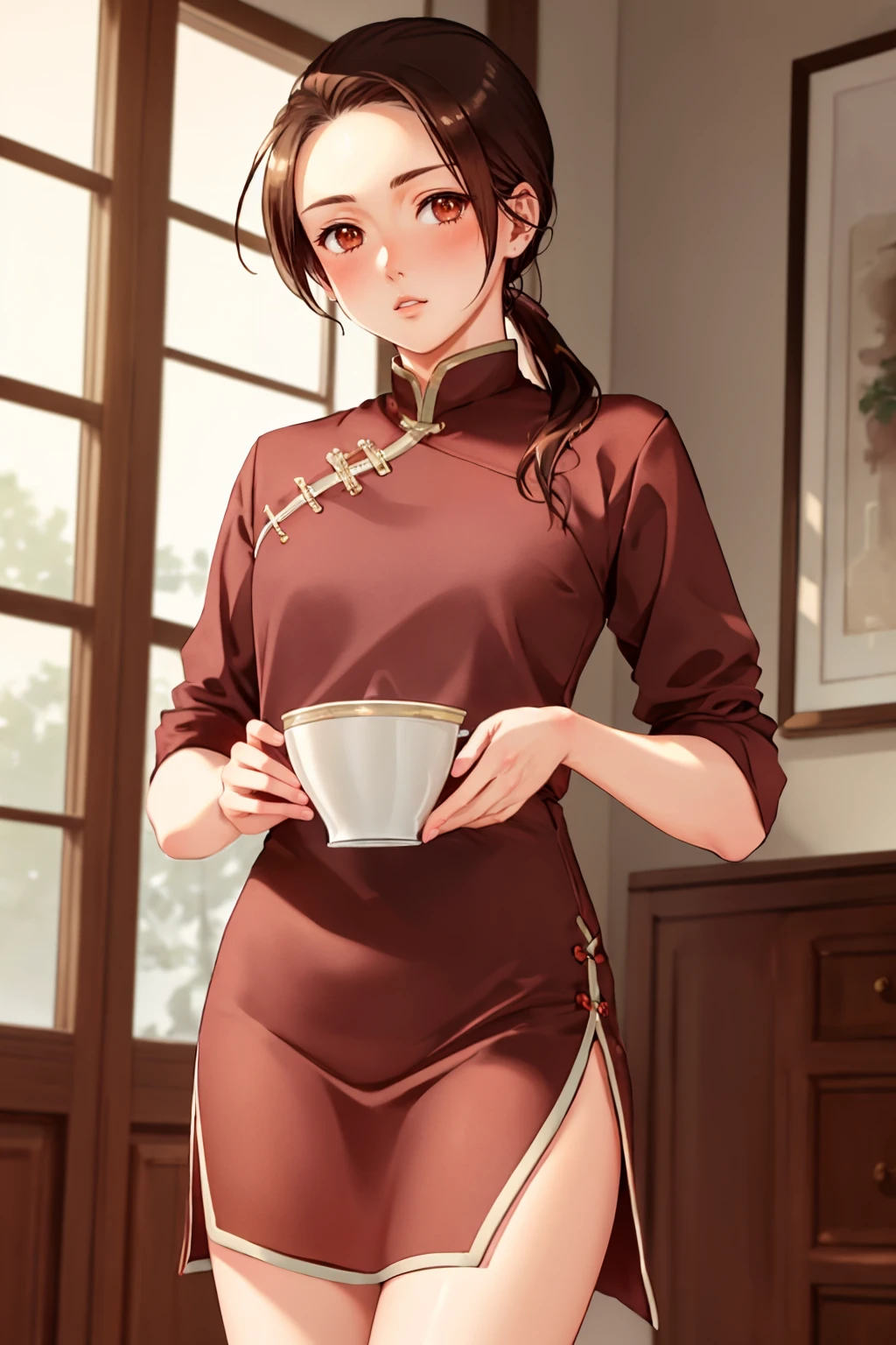 ultra detailed, sharp focus, best quality, masterpiece, <lora:NSChinaHetalia:1> NSChinaHetalia, brown hair, low ponytail, red china dress, heavy blush, POV, looking at the viewer, best quality, dynamic lighting, masterpiece, intricate details