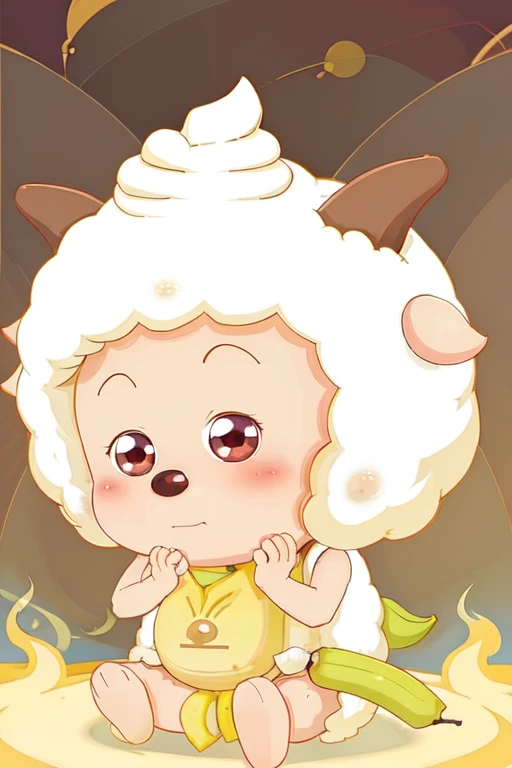 Paddi is praying seriously to the banana god, flames and clouds background, shensheng