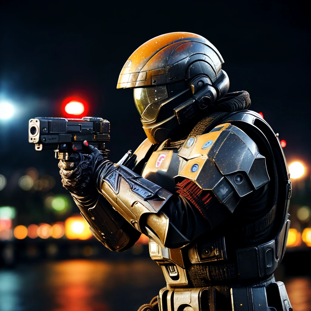 zrpgstyle, an ODST wearing a helmet and aiming a pistol, from side, outdoors, side view, night, rain, cityscape, science fiction, black armor, (masterpiece:1.2) (photorealistic:1.2) (bokeh) (best quality) (intricate details) (8k) (HDR) (analog film) (canon d5) (cinematic lighting) (sharp focus) <lora:ODST-03:0.7> <lora:LORA-XenoDetailer-v3:1>