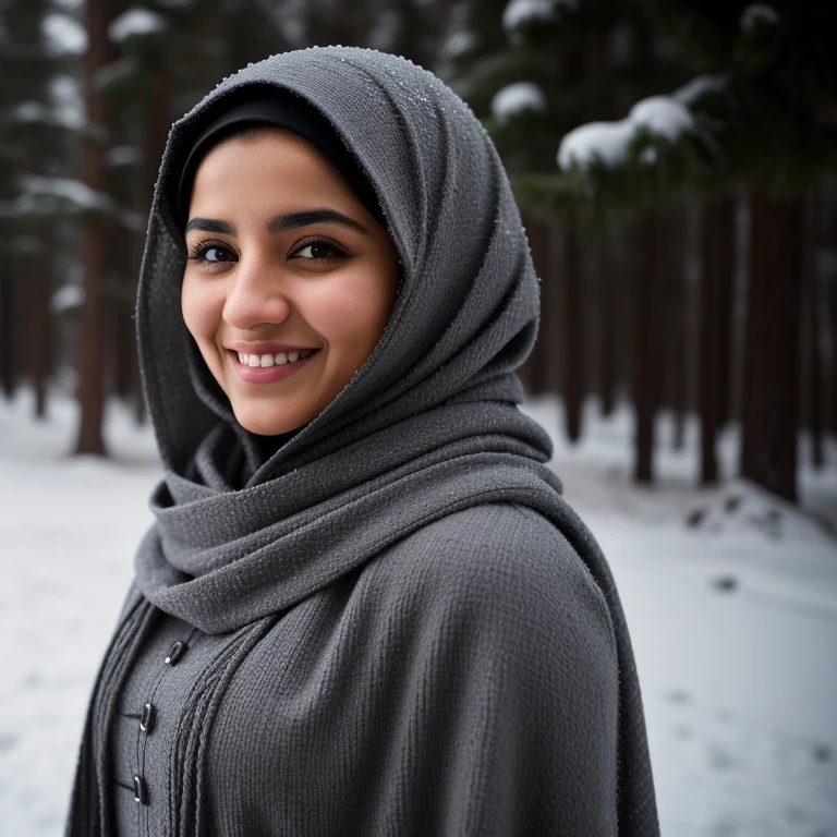 cinematic film still A young arabic hejab a smiling woman wearing a gray hooded scarf is standing in the snow. eyes detailed ,volumetric light, . shallow depth of field, vignette, highly detailed, high budget, bokeh, cinemascope, moody, epic, gorgeous, film grain, grainy