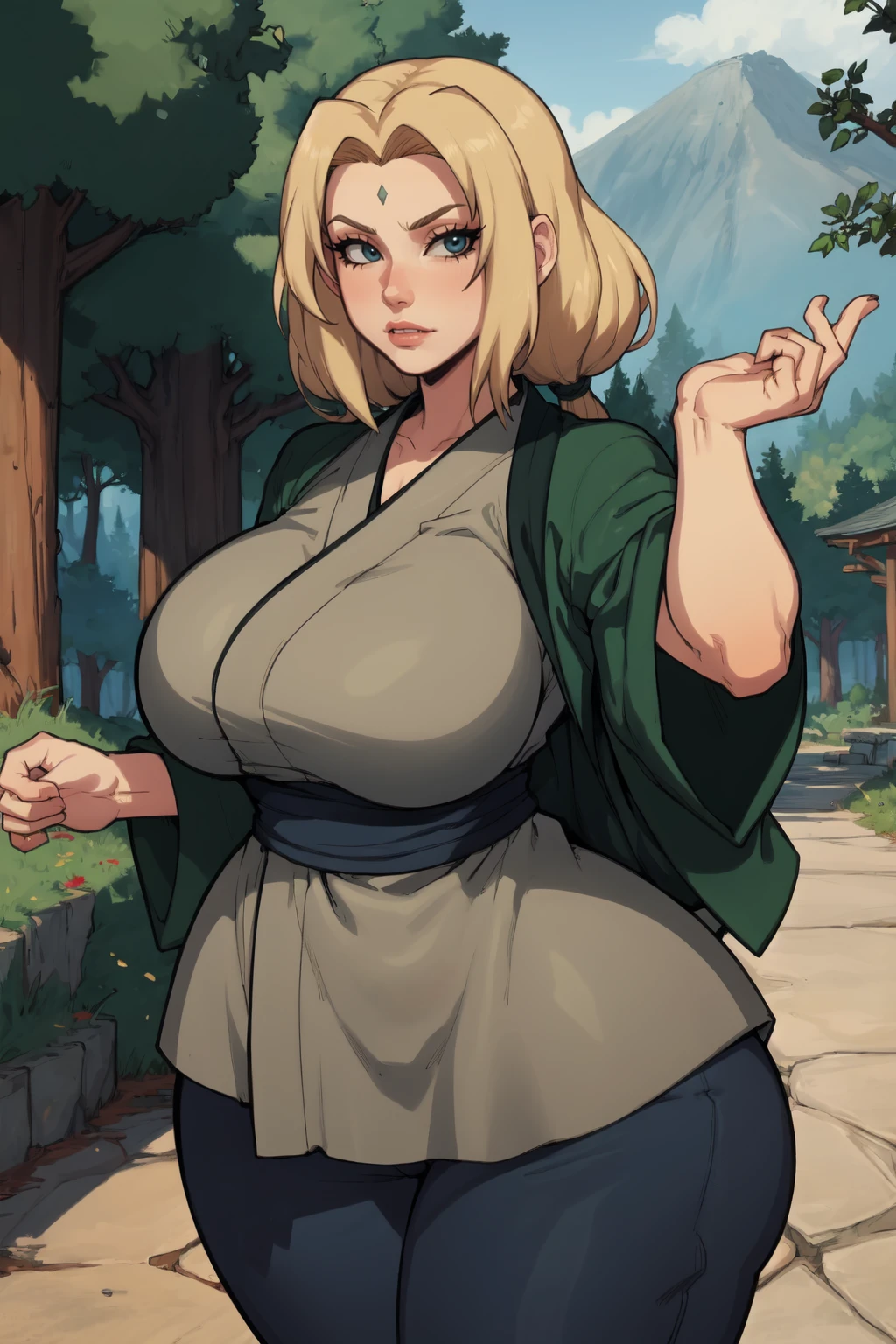 1girl, (solo:1.2), (cowboy shot:1.2), closed mouth, posing, exaggerated proportions, (expressive:1.2), (curvy)
<lora:Tsunade [justTNP - v1.0]:1> tsunadedef, forehead mark, japanese clothes, green haori, grey kimono, sash, pants, blonde hair, blue eyes, huge breasts, (curvy), mature female
BREAK <lora:Taigerarts [MockAi - v2.0]:0.85> taigerarts, (coarse lineart:1.3), simplified shading technique, vibrant colors, anime aesthetic
BREAK intricate details, (masterpiece:1.3), (best quality:1.3), (perfect anatomy:1.4) BREAK, (outside:1.2), (path in the woods:1.2), trees, temperate climate, day