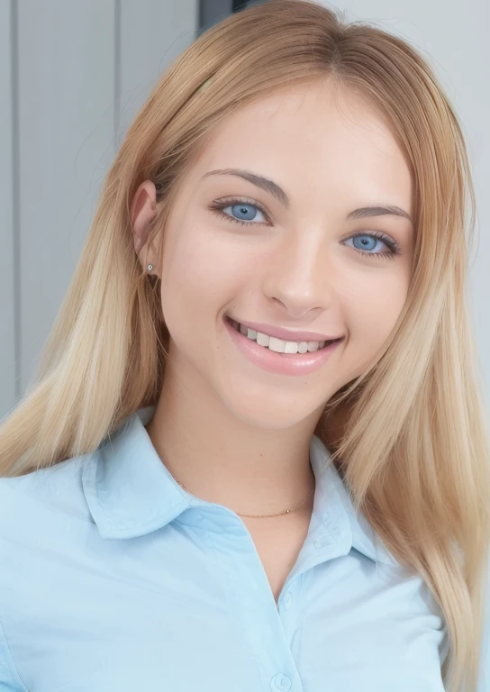 a close-up portrait of a woman wearing a school uniform with a simple background, 1girl,solo,long hair,looking at viewer,smile,blonde hair,[aqua eyes],teeth,grin,lips <lora:emma_buggv2:1>, realistic, BREAK, [highly detailed], [ultra detailed], [hyperdetailed], BREAK, ultra realistic, photo realistic BREAK