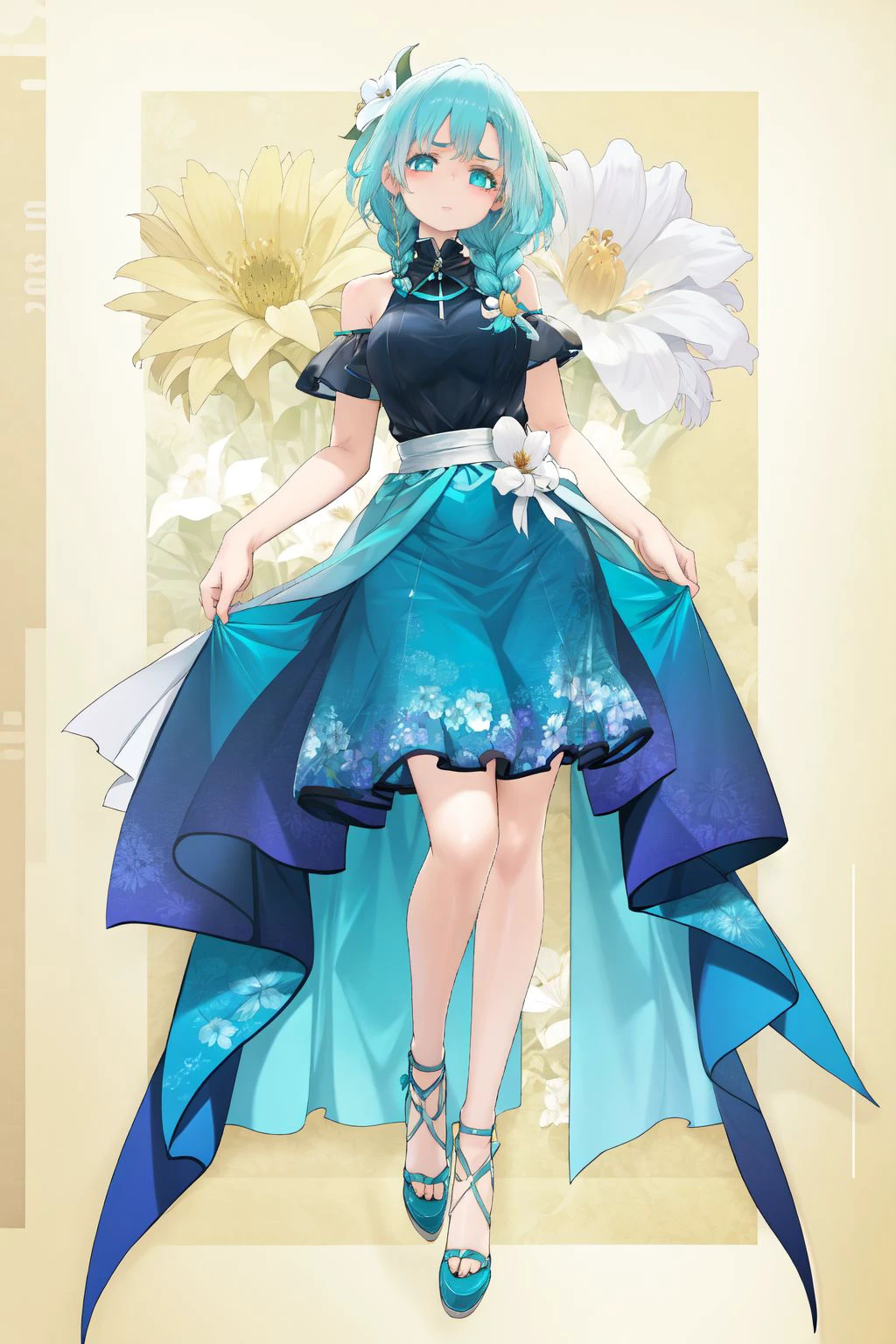 full body, 1girl, in heat, light blue hair, front braid, aqua eyes, blue dress, Liatris \(flower\), floral background <lora:dishwasher1910_style_v02:1>
