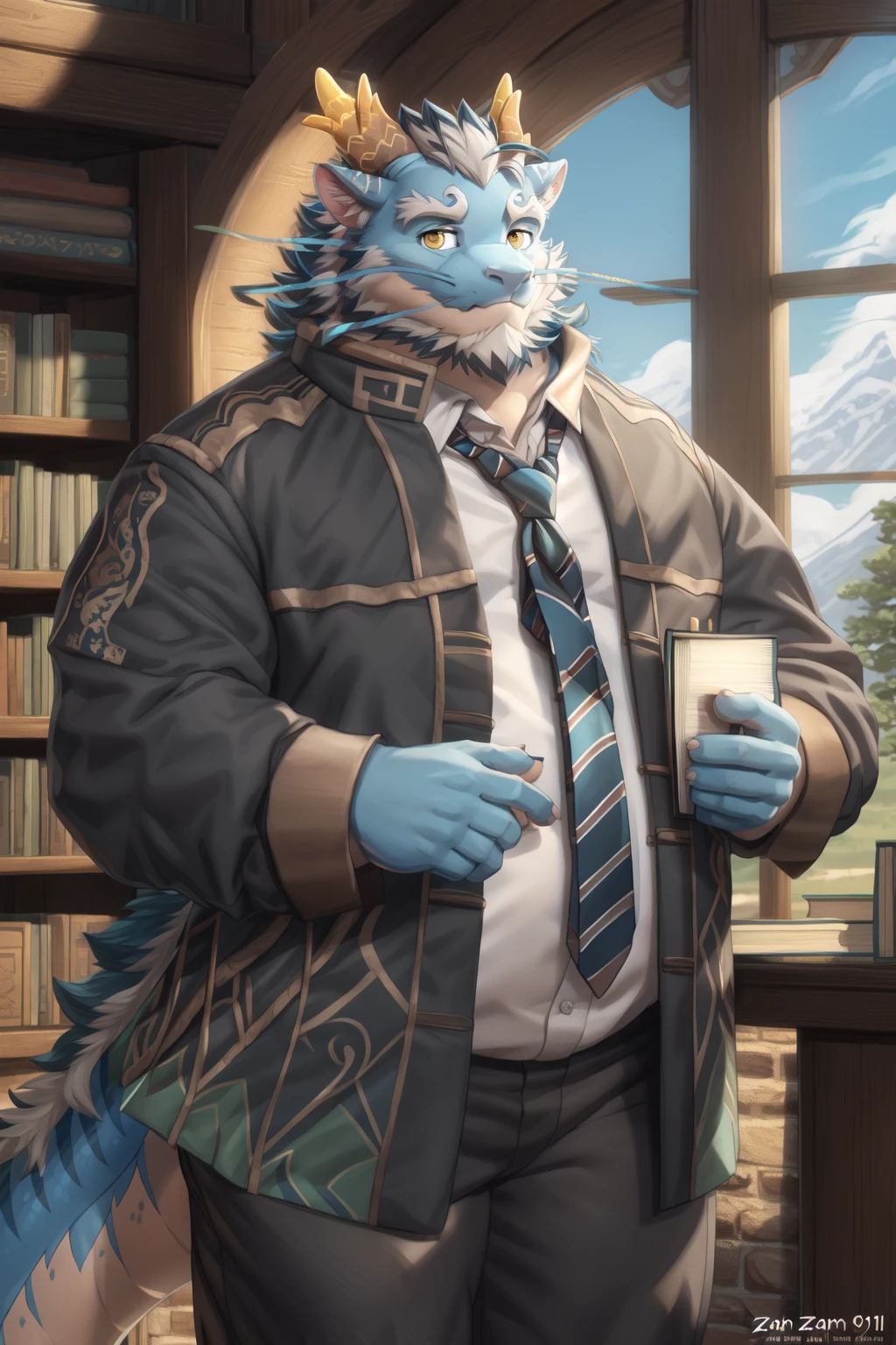 <lora:qinglong-09:1>, qinglongtas, musclegut, orange eyes, blue fur, (pose:1.3), (posing:1.3), (soft shading), 4k, hi res, ((detailed face, (detailed eyes:1.0), detailed)), (full body), by zackarry911, by zaush, (by personalami:0.5), looking at viewer, shirt, 1boy, holding, male focus, cowboy shot, necktie, collared shirt, pants, book, formal, whiskers