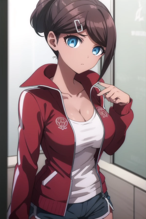 aoiasahina, <lora:aoi asahina s1-lora-nochekaiser:1>,
aoi asahina, short hair, bangs, blue eyes, brown hair, hair ornament, ponytail, hairclip, dark skin, dark-skinned female,
BREAK shirt, long sleeves, cleavage, collarbone, jacket, white shirt, open clothes, shorts, hairclip, open jacket, red jacket,
BREAK outdoors, classroom,
BREAK looking at viewer, (cowboy shot:1.5),
BREAK <lyco:GoodHands-beta2:1>, (masterpiece:1.2), best quality, high resolution, unity 8k wallpaper, (illustration:0.8), (beautiful detailed eyes:1.6), extremely detailed face, perfect lighting, extremely detailed CG, (perfect hands, perfect anatomy),