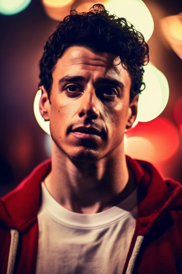 michael trevino a man <lora:Adam-Dimarco_Michael-Trevino-000001:1>, realistic photo in a worn ((skin-revealing skimpy erotic red tracksuit, massive hairy pecs)), abs, big pecs, big arms, bulge, VPL, ((light bokeh)), intricate, (steel metal [rust]), elegant, erotic, exuding sexual energy, homoerotic, sharp focus, photo by greg rutkowski, soft lighting, vibrant colors, (masterpiece), ((streets)), (detailed face), looking at viewer, light smile, night, walking towards viewer, cinematic lighting, beautiful lighting, cinematic lighting, (hazy filter, film grain:1.2)
