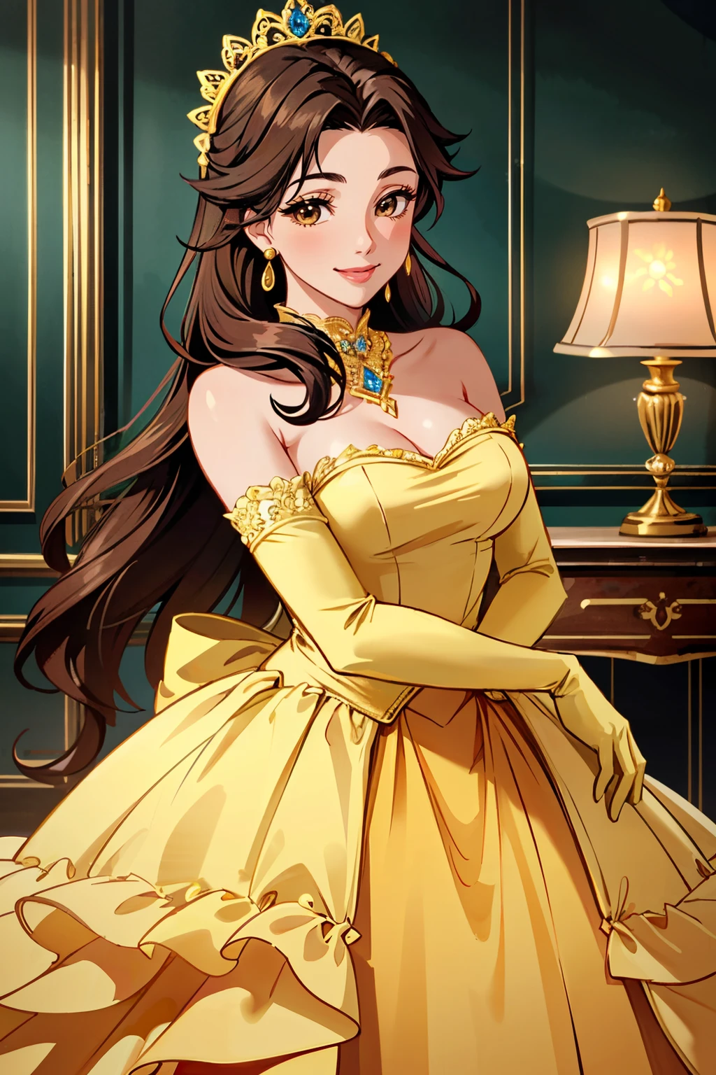 ((ultra detailed, masterpiece, best quality))
<lora:DisneyBelle:0.8>
DisneyBelle, 1girl, solo, dress, brown hair, elbow gloves, gloves, earrings, jewelry, flower, brown eyes, long hair, makeup, smile, lipstick, yellow dress, rose, bare shoulders