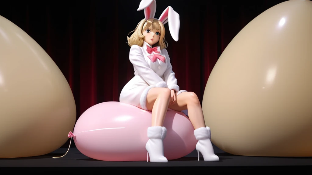 An anime mature woman wearing a bunny suit is sitting on a balloon. One big realistic, (overinflated balloon:1.2). A stage is visible in the background. Tied balloon.