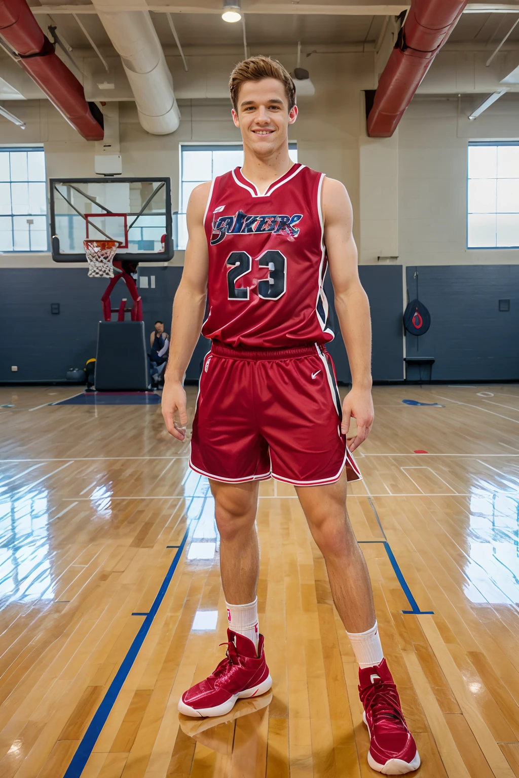 (basketball gym,) high ceiling, (hardwood floor), (basketball court), BradHunter, basketballplayer, basketball uniform, (crimson jersey:1.4), (crimson shorts:1.3), dynamic movement, ball, white socks, black sneakers, smiling,masterpiece, (((full body portrait))), wide angle <lora:BradHunter:0.8> <lora:Clothing - Sexy Basketball Player:0.30>