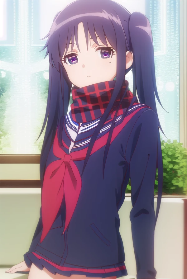miriyanagiba, <lora:miri yanagiba s1-lora-nochekaiser:1>,
miri yanagiba, long hair, black hair, twintails, (purple eyes:1.1), mole, mole under eye,
BREAK school uniform, serafuku, scarf, red scarf, (blue serafuku:1.5),
BREAK indoors, restaurant,
BREAK looking at viewer, (cowboy shot:1.5),
BREAK <lyco:GoodHands-beta2:1>, (masterpiece:1.2), best quality, high resolution, unity 8k wallpaper, (illustration:0.8), (beautiful detailed eyes:1.6), extremely detailed face, perfect lighting, extremely detailed CG, (perfect hands, perfect anatomy),