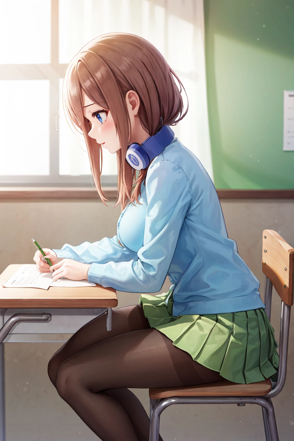 masterpiece,best quality,highres,ultra-detailed,aamiku,long hair,bangs,hair between eyes,headphones around neck,large breasts,school uniform,cardigan,blue cardigan,collared shirt,white shirt,long sleeves,green skirt,pantyhose,black pantyhose,loafers,<lora:nakano_miku:0.8>,indoors,sitting,desk,chair,classroom,(studying:1.4),from_side,