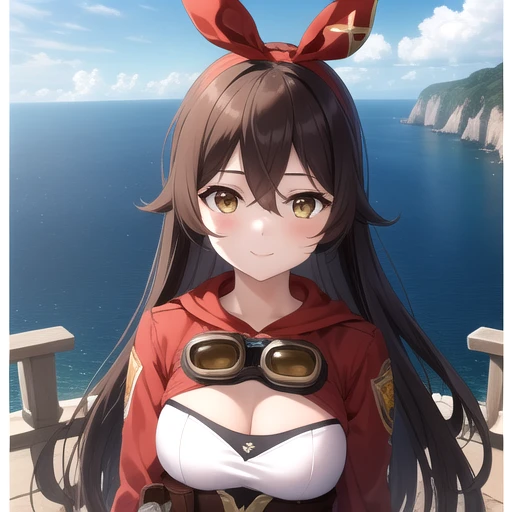 ((masterpiece)),(best quality),official art,extremely detailed CG,unity 8k wallpaper,ultra detailed,A lighthouse on a cliff by the sea,1girl,solo,upper body,(portrait:1.2),looking at viewer,brown_hair,smile,shrug (clothing),crossed_bangs,very_long_hair,bangs,hair_ribbon,hair_between_eyes,brown_eyes,red_ribbon,cleavage,medium_breasts,yellow_eyes,long_sleeves,short_shorts,floating_hair,belt,brown_shorts,red_gloves,white_footwear,thigh_boots,pouch,goggles,goggles_on_head,red_thighhighs,<lora:Amber-remake final(gen)>,