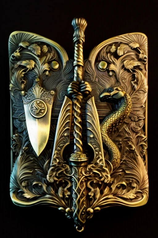 detailed klamra brass relief coat of arms, snake and sword, studio lighting, black background <lora:Klamra:1> <lora:add_detail:1>