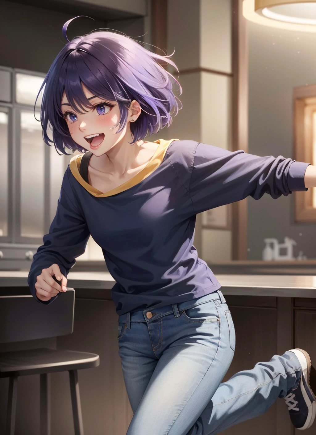 1girl, shirt, jeans, from side, running, laughing, purple eyes, highlights, purple hair, very short hair hair