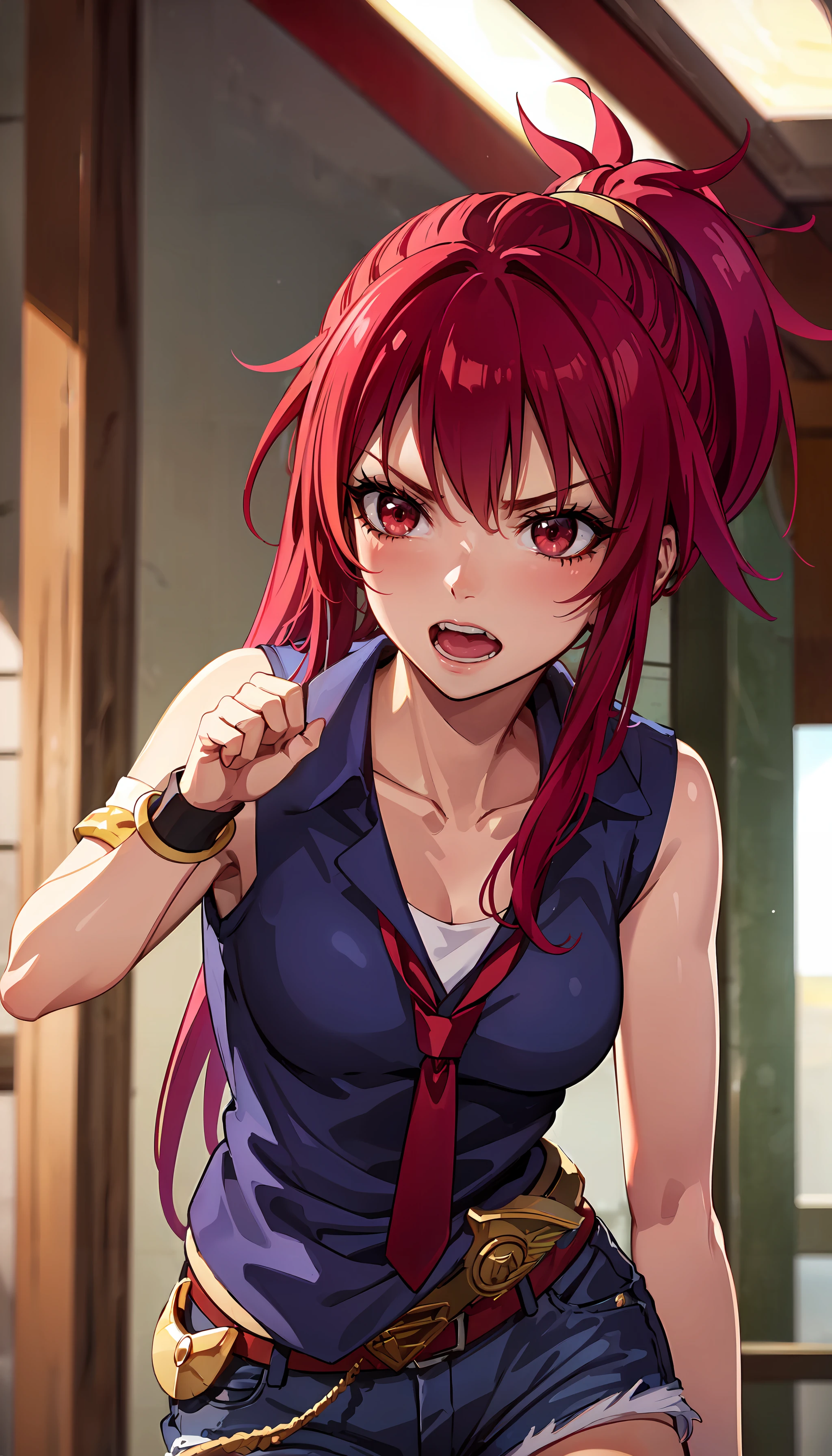 photorealistic, (4k), depth of field, (Masterpiece), (realistic skin texture), extremely detailed, intricate, hyper detailed, professional photography, bokeh, high resolution, sharp detail, best quality, girl, long hair, red hair, side ponytail, red eyes, blue shirt, shorts, sleeveless, gold armlet, red tie, <lora:Sera-000004:0.8> , fighting stance, angry, dynamic pose, punching,