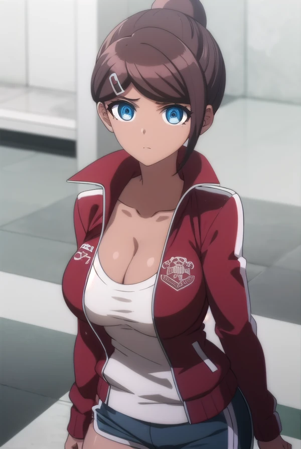 aoiasahina, <lora:aoi asahina s1-lora-nochekaiser:1>,
aoi asahina, short hair, bangs, blue eyes, brown hair, hair ornament, ponytail, hairclip, dark skin, dark-skinned female,
BREAK shirt, long sleeves, cleavage, collarbone, jacket, white shirt, open clothes, shorts, hairclip, open jacket, red jacket,
BREAK outdoors, classroom,
BREAK looking at viewer, (cowboy shot:1.5),
BREAK <lyco:GoodHands-beta2:1>, (masterpiece:1.2), best quality, high resolution, unity 8k wallpaper, (illustration:0.8), (beautiful detailed eyes:1.6), extremely detailed face, perfect lighting, extremely detailed CG, (perfect hands, perfect anatomy),