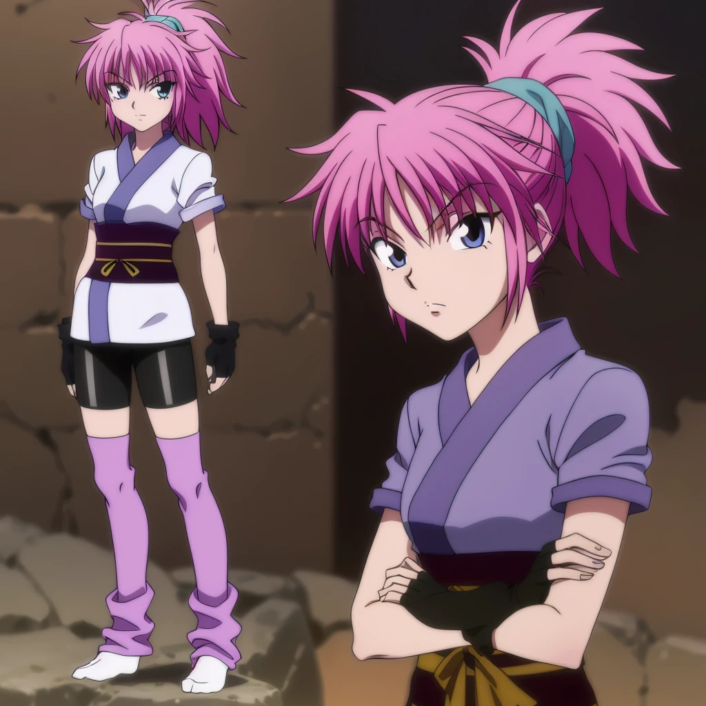 <lora:machi001:0.7>,
machi,1girl,
ponytail,
short kimono,
obi,sash,
fingerless gloves,
bike shorts,
socks,thighhighs,tabi,
full body,