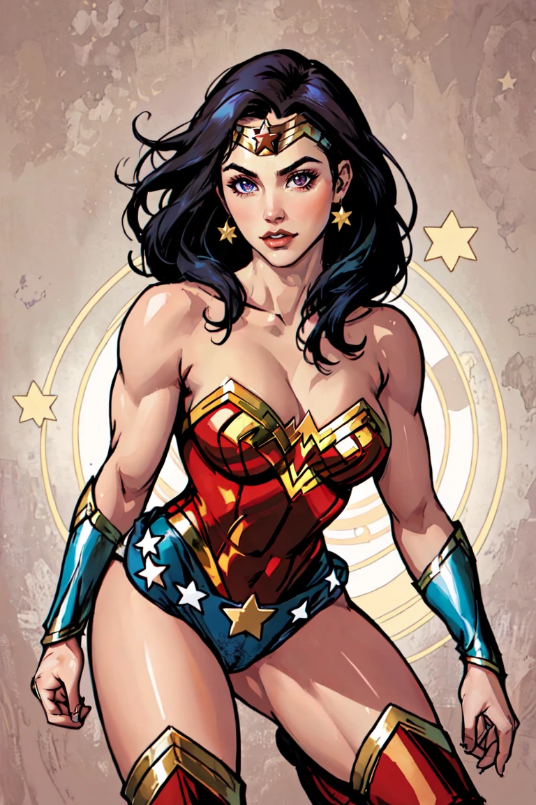 intricate details, masterpiece, absurdres, best quality, realistic, Highest Quality ,top torso portrait of Wonder Woman ,1girl, superhero, bare shoulders, jewelry, medium breasts, cleavage, leotard, star (symbol), knee boots, beautiful face, muscular woman