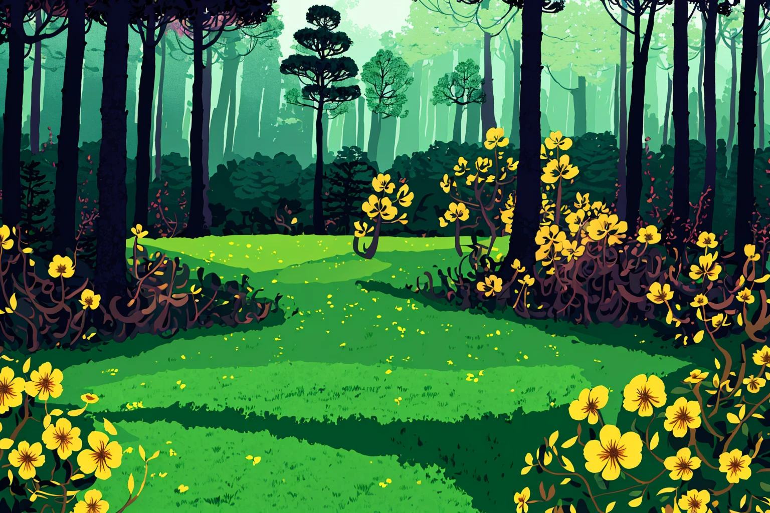 masterpiece, ultra-detailed, best quality, illustration, 8k cg wallpaper, an extremely delicate and beautiful, stunning landscape, forest, trees, bushes, flowers, grass, intricately detailed items in background, <lora:Hohokum:1>