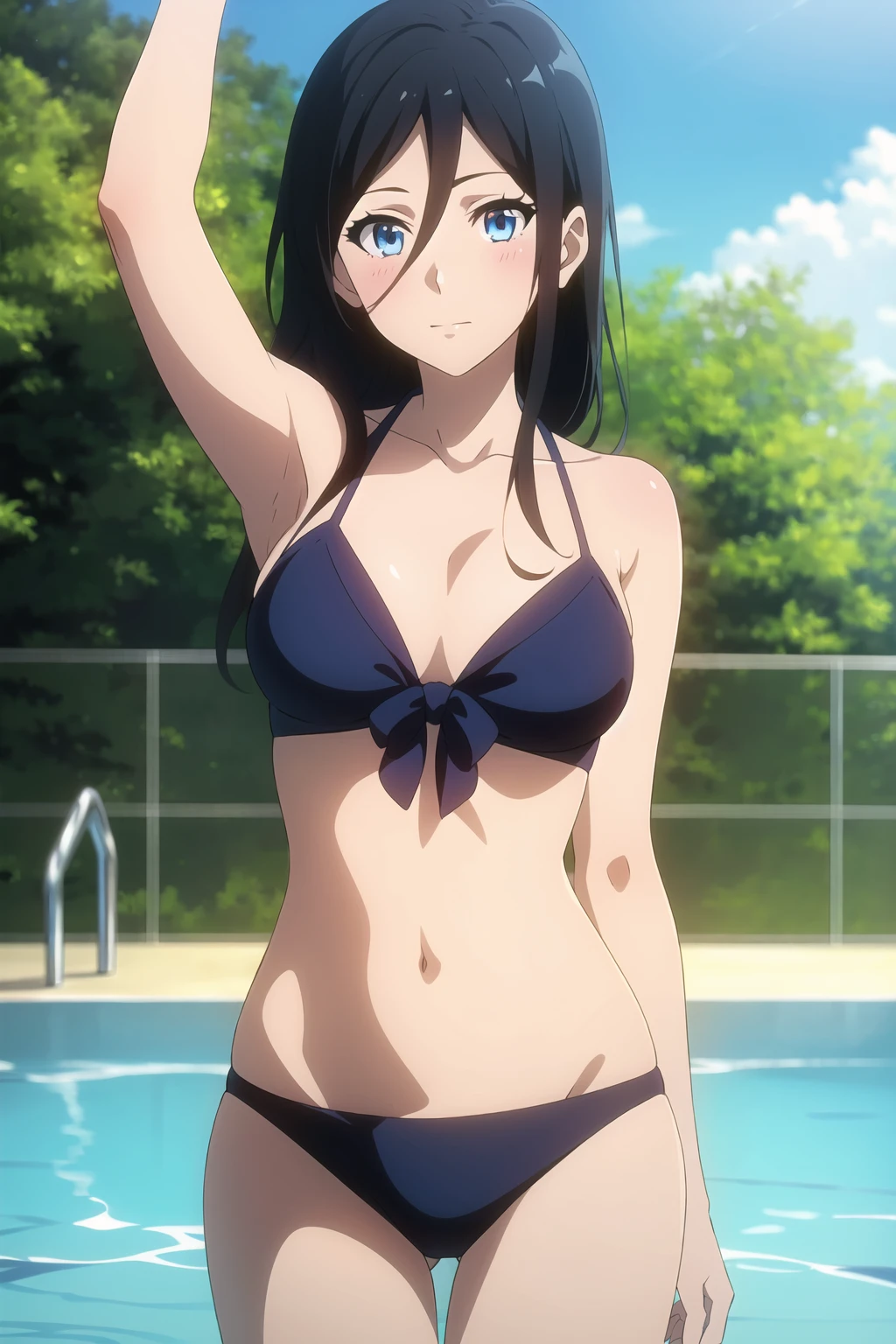 ((best quality)),((highly detailed)),masterpiece,absurdres,detailed face,beautiful face,(detailed eyes, deep eyes),1girl,((dynamic pose)), <lora:AsukaV1:0.7>,Asuka, black hair, long hair, outdoors, blurry,bikini, pool background, collarbone, solo focus, blush, depth of field, medium breast, cowboy shot, solo, standing, hair between eyes, bangs, tree, closed mouth, blue eyes