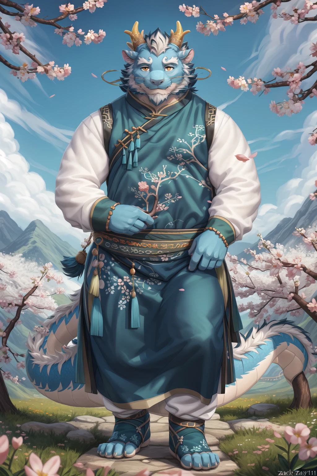 <lora:qinglong-09:0.9>, qinglongtas, musclegut, orange eyes, blue fur, tail, (pose:1.3), (posing:1.3), (soft shading), 4k, hi res, ((detailed face, (detailed eyes:1.0), detailed)), (full body), by zackarry911, by zaush, (by personalami:0.5), looking at viewer, long sleeves, 1boy, white background, holding, standing, full body, flower, male focus, pants, chinese clothes, cherry blossoms, white pants, branch, (front view:1.4)
