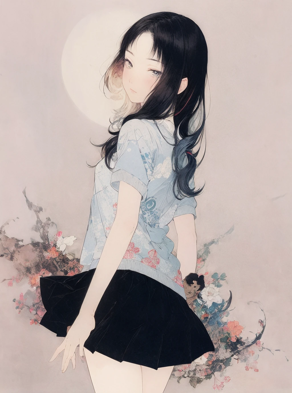 best quality,masterpiece,ultra high res,1girl,minimalism,looking at viewer,umino,circle,Takato Yamamoto style,
multicolored_skirt,<lora:æµ·éæµ©æ¼ Umino_Hiromaku:0.8>,simple background,white_background,gradient background,moon,