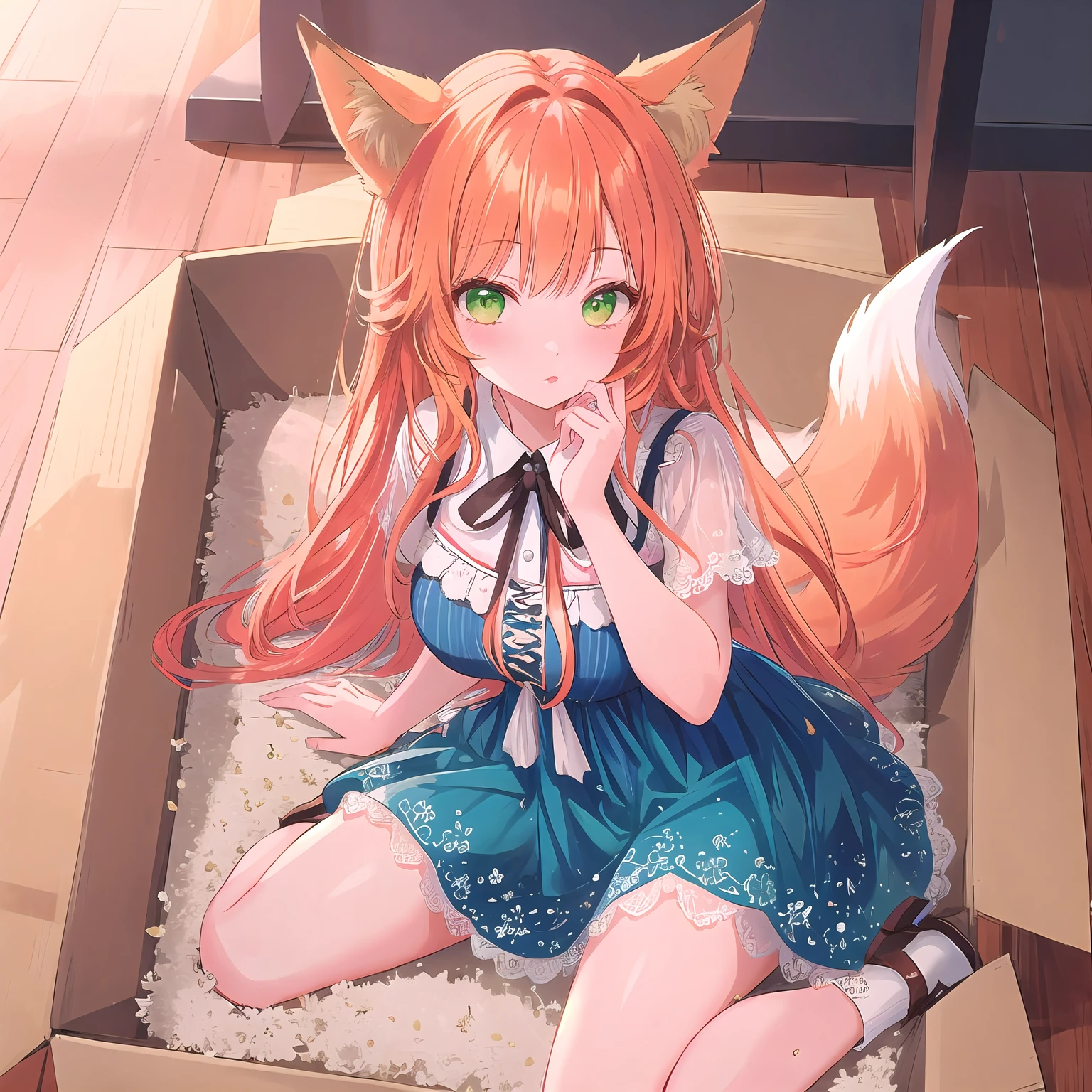 solo, masterpiece, hires,high resolution,best quality ,in box, in container, insidebox, boxrelaxed, inside cardboard box, box with nothing inside, 1girl, mature female, fox girl, fox ears, green eyes, orange hair, beautiful face, cut lips, sitting, w sitting, wariza, puckered lips, lace-trimmed dress, blue dress, long hair
<lora:insidebox v1.1:0.7>