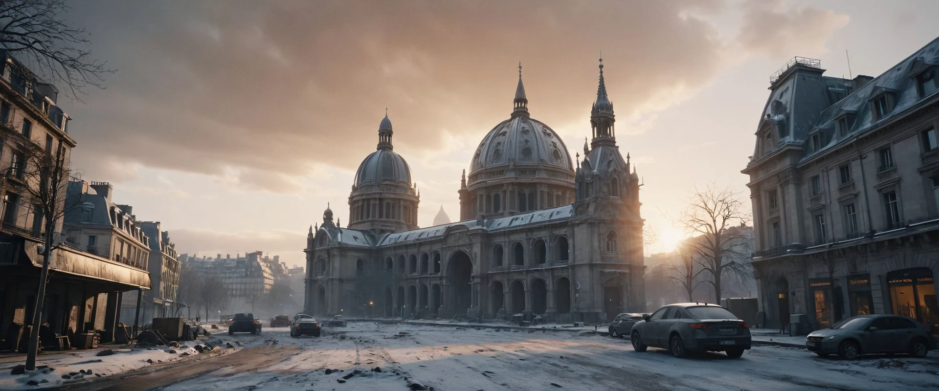 RAW photography, cinematic, science fiction theme, ( an ultra realistic futuristic military spaceship is landing with intricate reactors, plasma lensflares, :1.4), catastrophe, caves, dead trees, heavy destruction, ground view of 2077 landscape of a frozen futuristic Paris, haussman architecture, Grand Palais, Le Louvre, Notre Dame, post apocalyptic city, survivors basecamp, little fires, shanti town, great composition, heavy snowing, rules of third, organic city , (ultra realistic:1.2), photorealistic, color graded cinematic, dramatic light, pale sunrise, cinematic lighting, battered, low angle,8k, hyper realistic, focused, extreme details, unreal engine 5, Every element is rendered in extreme quality, aiming for an ultra-HD 8K resolution level of detail. The cinematic and hyperrealistic style makes it feel like a freeze-frame from a high-budget dark fantasy film. The use of film grain adds a texture that gives the scene a gritty, realistic feel,