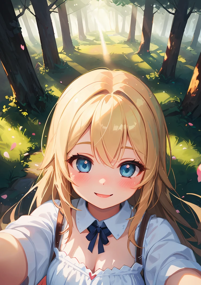 (selfie, from above), illustration of (beautiful young girl), (cute face, kawaii face, cute smile, blushing), (blonde girl, blue eyes, pale skin, long hair, light smile, blushing, white dress, neckline), (beautiful forest in background), (best quality, high-quality, masterpiece:1.2, most detailed illustration, HD wallpaper, 4k full HD), (ecstasy of light and shadow, volumetric light and shadows:1.2, light particles, bloom:1.2), (contest winner illustration by lee jeffries)
