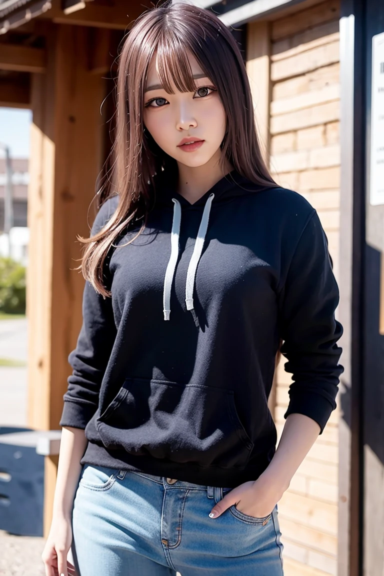 gfyuju, woman, bangs, urban, streets, RAW,(8k, best quality, masterpiece:1.2),(intricate details:1.4),(photorealistic:1.4),octane render, complex 3d render ultra detailed, studio soft light, rim light, vibrant details, ultra detailed, realistic skin texture, detailed face, beautiful detailed eyes, extremely detailed CG unity 8k wallpaper, makeup, (detailed background:1.2), (cowboy shot:1.2),(hip),(perfect anatomy:1.2),(black hoodie, long jeans:1.2), <lora:gfyuju-v1:1>
