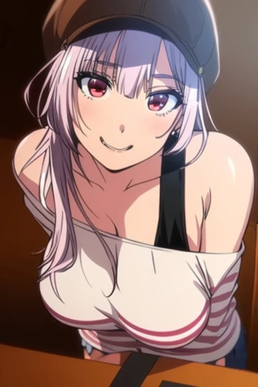 <lora:yigong-08:1>,((extremely realistic shading, masterpiece, extremely detailed, photorealistic))Light pink hair,brownish red eyes,white striped top,off_ Shoulder,Red short skirt,gray long socks,black shoes,hat,