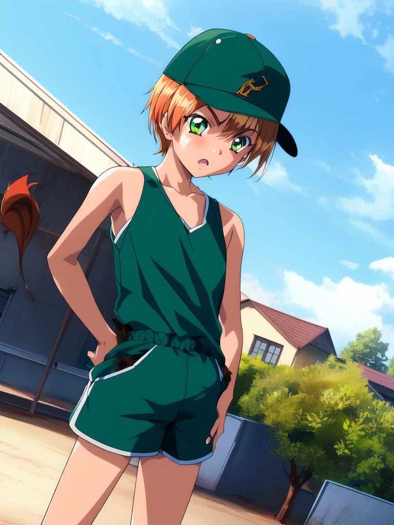 <lora:Akai_Homura:1>ãAkaiHomura, solo, hat, 1girl, shorts, male focus,  backwards hat, baseball cap, green shorts, dirty, short hair, outdoors, dutch angle, sky, day, child,
masterpiece, high quality, very_high_resolution, large_filesize, full color,