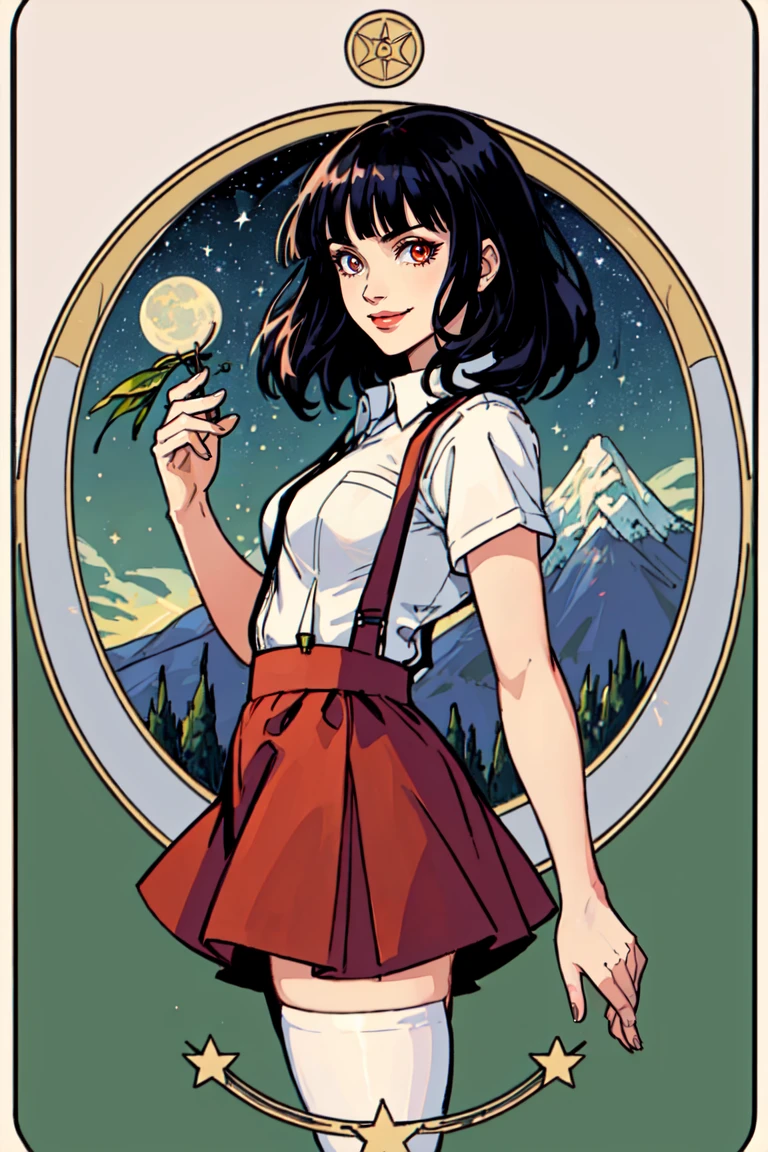 (((masterpiece))), (((bestquality))), ((ultra-detailed)), (illustration), ((anextremelydelicateandbeautiful)), dynamicangle, floating, (beautifuldetailedeyes), (detailedlight), masterpiece, best quality, masterpiece, best quality, 1girl, solo, black hair, medium hair, red eyes, blunt bangs, petite, expressionless, red skirt, white legwear, suspender skirt, white shirt, mary janes, evil smile, night, starry sky, border, lily, moon, mountain, lake, white background, simple background, panorama, perspective, foreshortening, from top, from side,green theme, nature, tarot card, art nouveau, atdan,