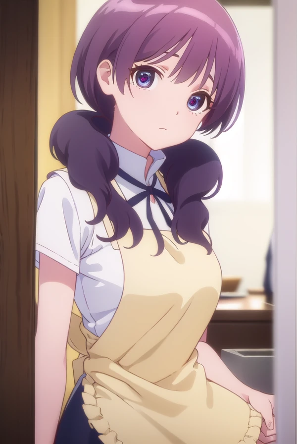 shihokamakura, <lora:shiho kamakura s1-lora-nochekaiser:1>,
shiho kamakura, long hair, twintails, purple hair, (purple eyes:1.1),
BREAK apron, waitress,
BREAK indoors, restaurant,
BREAK looking at viewer, (cowboy shot:1.5),
BREAK <lyco:GoodHands-beta2:1>, (masterpiece:1.2), best quality, high resolution, unity 8k wallpaper, (illustration:0.8), (beautiful detailed eyes:1.6), extremely detailed face, perfect lighting, extremely detailed CG, (perfect hands, perfect anatomy),