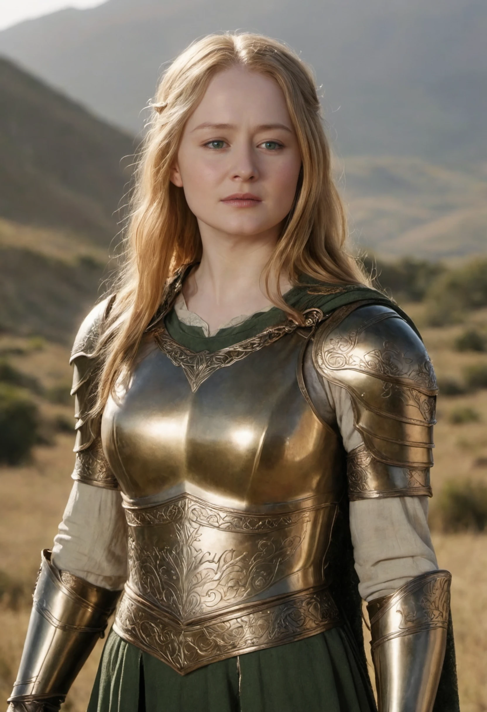 Lord of the Rings, breathtaking <lora:Miranda Otto SDXL_v1.0:1> woman m1r0tt as eowyn, [[bronze armor]], portrait full body standing, ((squinting eyes)), green eyes, rim light, looking to the side, award-winning, professional, highly detailed, Epic fantasy, Middle-earth, vast landscapes, highly detailed