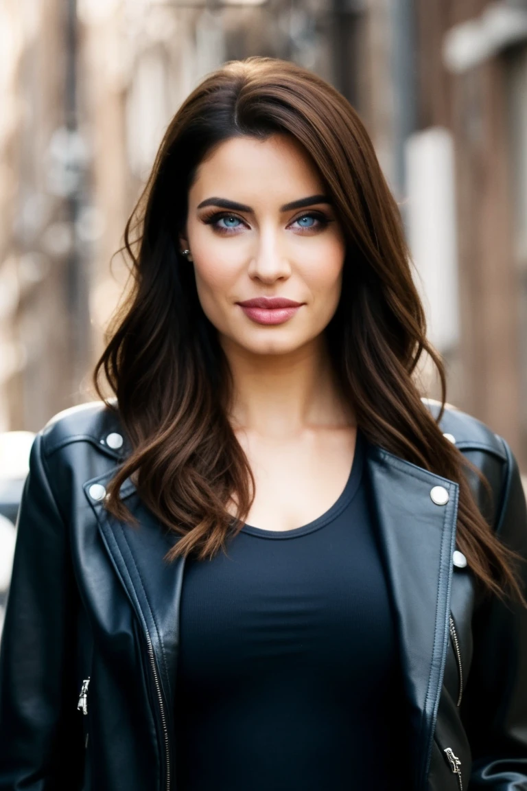 mndngwmn, detailed skin, light eyes, eyeliner, wearing a leather jacket, on the street, <lora:mondongo_PilarRubio_v2:1>