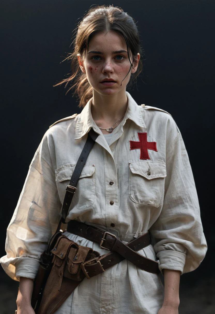 raw character design, raw candid camera, standing nurse of war, templar outfits, ponytail hair, (full body:1.4),( blue eyes:1.12), skinny, thin legs, large hip, thigh gap, intricate belts, (wearing flasks, potion, cloak, accessories,:1.3), glowing eyes, intricate runic patterns, (blood on clothes:1.3), flat chests, delicate, dangerous, luscious, thin,deciduous, (freckles:0.741), dirty clothes, thorns, goosebumps, beautiful, tired face, black hair, invert red cross embroidery on intricate bi-colored long dirty brownish white shirt layered, dust, ivory linen fabrics, thorns, (dark background:1.2), brown leather trousers, dirty face, bloody face, rifle on shoulders, wearing sword on hip, 3D Character, full hero pose, realistic proportions, limited color palette, sense of nostalgia, exaggerated features, memorable look, consistent, coherent, captivating, 1girl, female focus, intricate, (black background:1.3), rim lighting, 36mm, wide angle, KODAK Ektar 100,(Film grain:1.2)