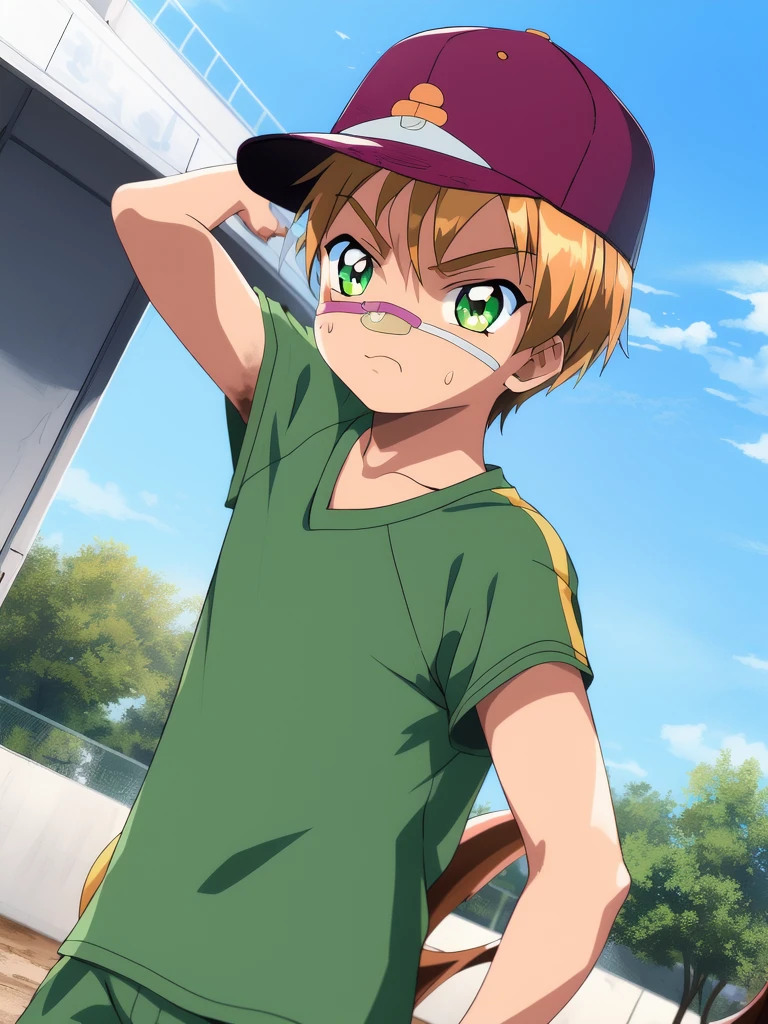 <lora:Akai_Homura:1>ãAkaiHomura, solo, hat, bandaid on face, bandaid, 1boy, shorts, male focus, bandaid on nose, backwards hat, baseball cap, green shorts, dirty, short hair, outdoors, dutch angle, sky, day, child,
masterpiece, high quality, very_high_resolution, large_filesize, full color,