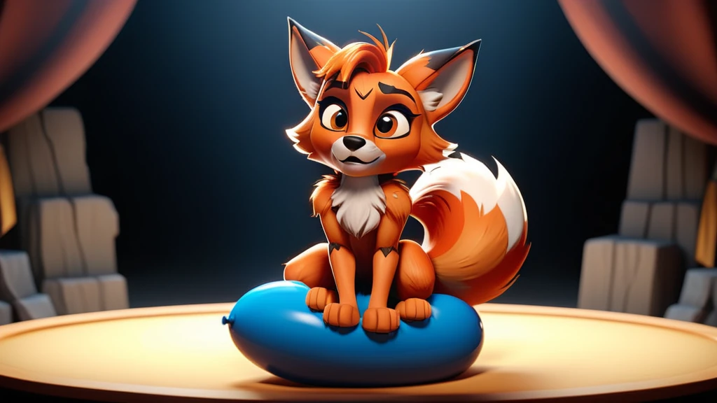 A cinematic 3D render of a cute anthro furry vixen is sitting on a balloon. One big realistic, overinflated balloon. A stage is visible in the background.