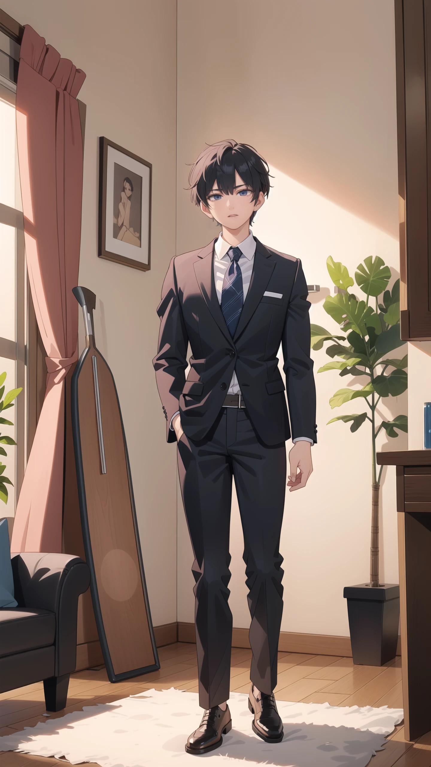 (masterpiece:1.2), (best quality:1.2), (extremely detailed:1.2), (photorealistic:1.2),(illustration:1.2),(beautiful and aesthetic:1.3),beautiful scenery,(Masterfully crafted Glow,lens flare),
(realistic:1.3), (extremely intricate:1.2), (photorealistic:1.4), (extremely delicate), (ultra realistic:1.3),(hyperrealistic 3d render), hyperrealistic photography, extremely detailed CG unity 8k wallpaper, HDR, RAW photo, dslr,
ceo,1male,mature male,solo,male focus,(full body:1.3),standing,black hair,side-split bangs,slender eyes,low brow, square jaw,(tanned brown skin:0.9),close mouth, formal,collared shirt,necktie,open jacket,black suit,black blaze,black pants,tall muscular guy,handsome face,sharp focus, wide shot,
day,indoors, living room, (intricately detailed visible background:0.6),((caustic)), floor windows, blue sky, curtains,table, couch, building, plant,reflective floor, cloud, wooden floor, dramatic shadow,bookshelf, railing, carpet,vase, hanging pictures, potted plant,
colourful,(Cinematic masterpiece),splashes of colour,beautiful, (center focus), symmetrical,(detailed glow),(intricately detailed visible background:0.6),((caustic)),ambient occlusion,photorealistic, digital painting, artstation, illustration, concept art, smooth, modern and trendy,
<lora:5éè¦æ£è¸:0.7>