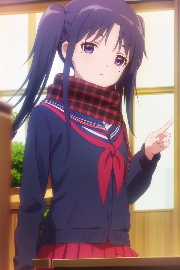 miriyanagiba, <lora:miri yanagiba s1-lora-nochekaiser:1>,
miri yanagiba, long hair, black hair, twintails, (purple eyes:1.1), mole, mole under eye,
BREAK school uniform, serafuku, scarf, red scarf, (blue serafuku:1.5),
BREAK indoors, restaurant,
BREAK looking at viewer, (cowboy shot:1.5),
BREAK <lyco:GoodHands-beta2:1>, (masterpiece:1.2), best quality, high resolution, unity 8k wallpaper, (illustration:0.8), (beautiful detailed eyes:1.6), extremely detailed face, perfect lighting, extremely detailed CG, (perfect hands, perfect anatomy),