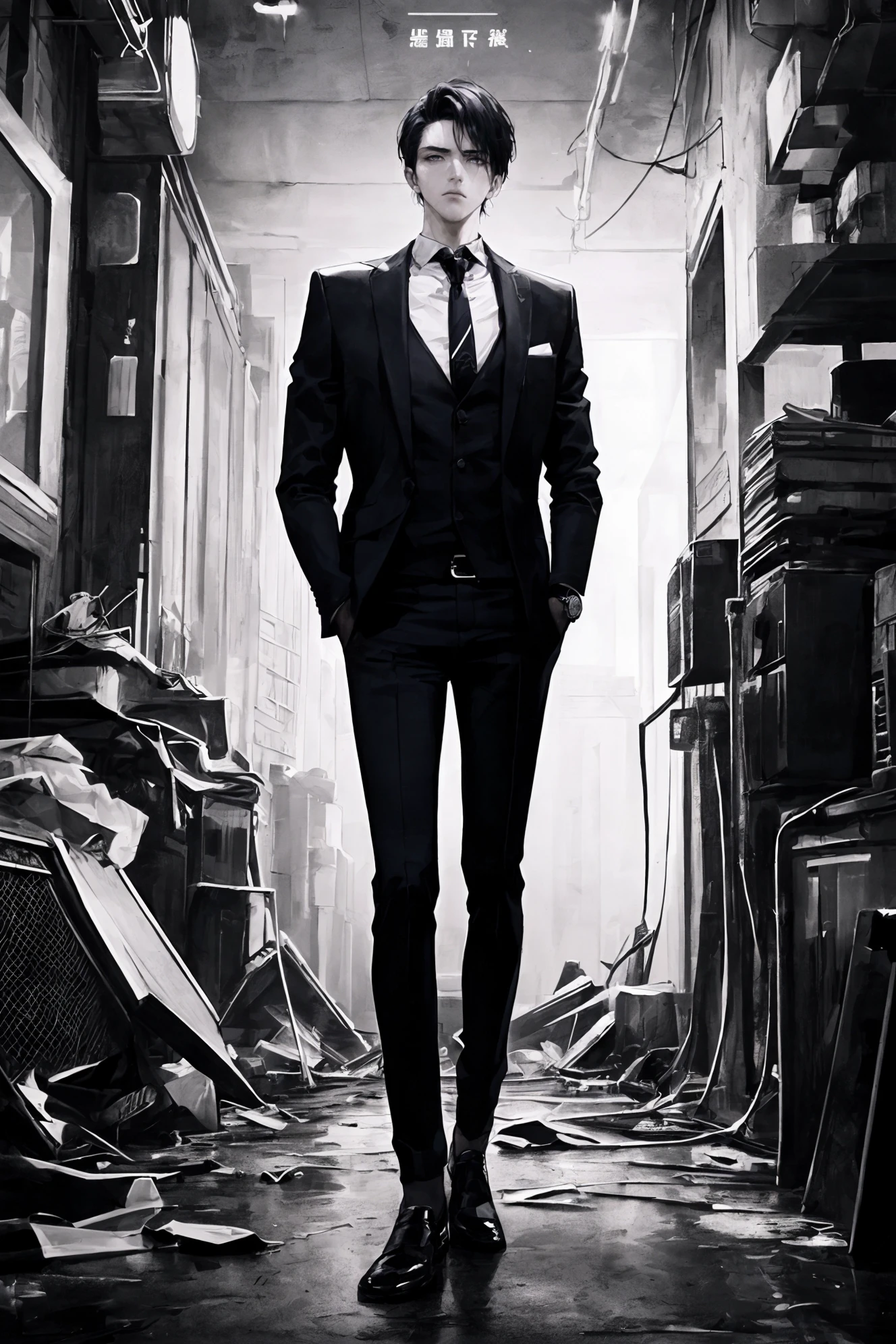 ((((dramatic))), (((gritty))), (((intense))) film poster featuring a young male as the central character.            She stands confidently in the center of the poster, wearing a stylish and edgy outfit, with a determined expression on her face.            The background is dark and gritty, with a sense of danger and intensity.            The text is bold and attention-grabbing, with a catchy tagline that adds to the overall feeling of drama and excitement.            The color palette is mainly dark with splashes of vibrant colors, giving the poster a dynamic and visually striking appearance,tachi-e (magazine:1.3), (cover-style:1.3), fashionable, vibrant, outfit, posing, front, colorful,
solo, looking at viewer, shirt,1boy, white shirt, male focus, necktie, collared shirt, pants, black pants, formal, suit, black necktie, watch, hands in pockets, wristwatch, black suit, full body,(long legs:1.2),Visual impact,A shot with tension(full body:1.0),