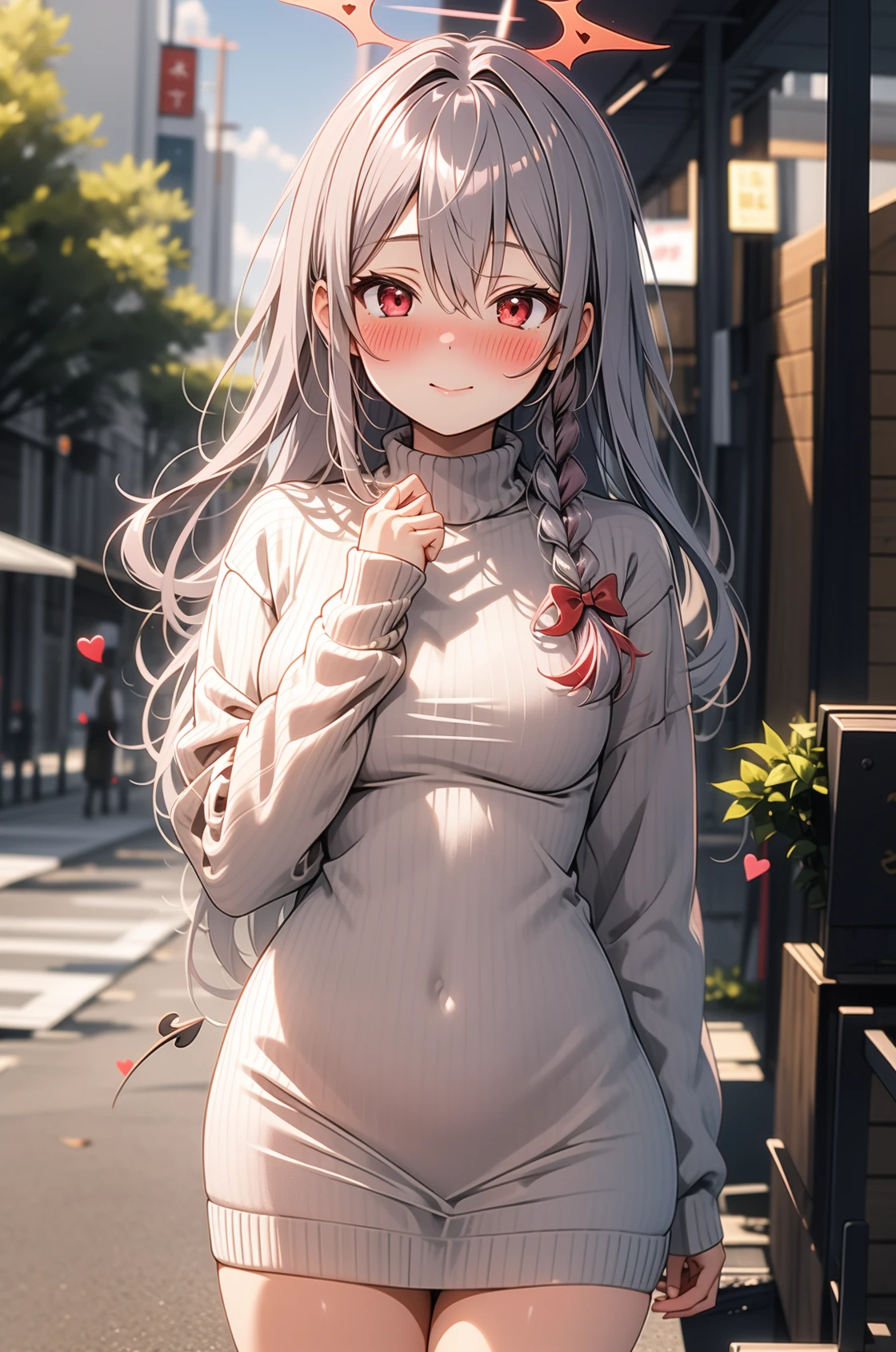 1girl, solo, outdoors, street, looking at viewer, masterpiece, best quality, high resolution, unity 8k wallpaper, (illustration:0.8), (perfect hands, perfect anatomy), (blush:1.5), standing, shiny hair, shiny skin, kurodate haruna, long hair, grey hair, hair between eyes, red eyes, braid, tress ribbon, halo, demon wings, ribbed sweater, sweater dress, turtleneck, long sleeves, thighs